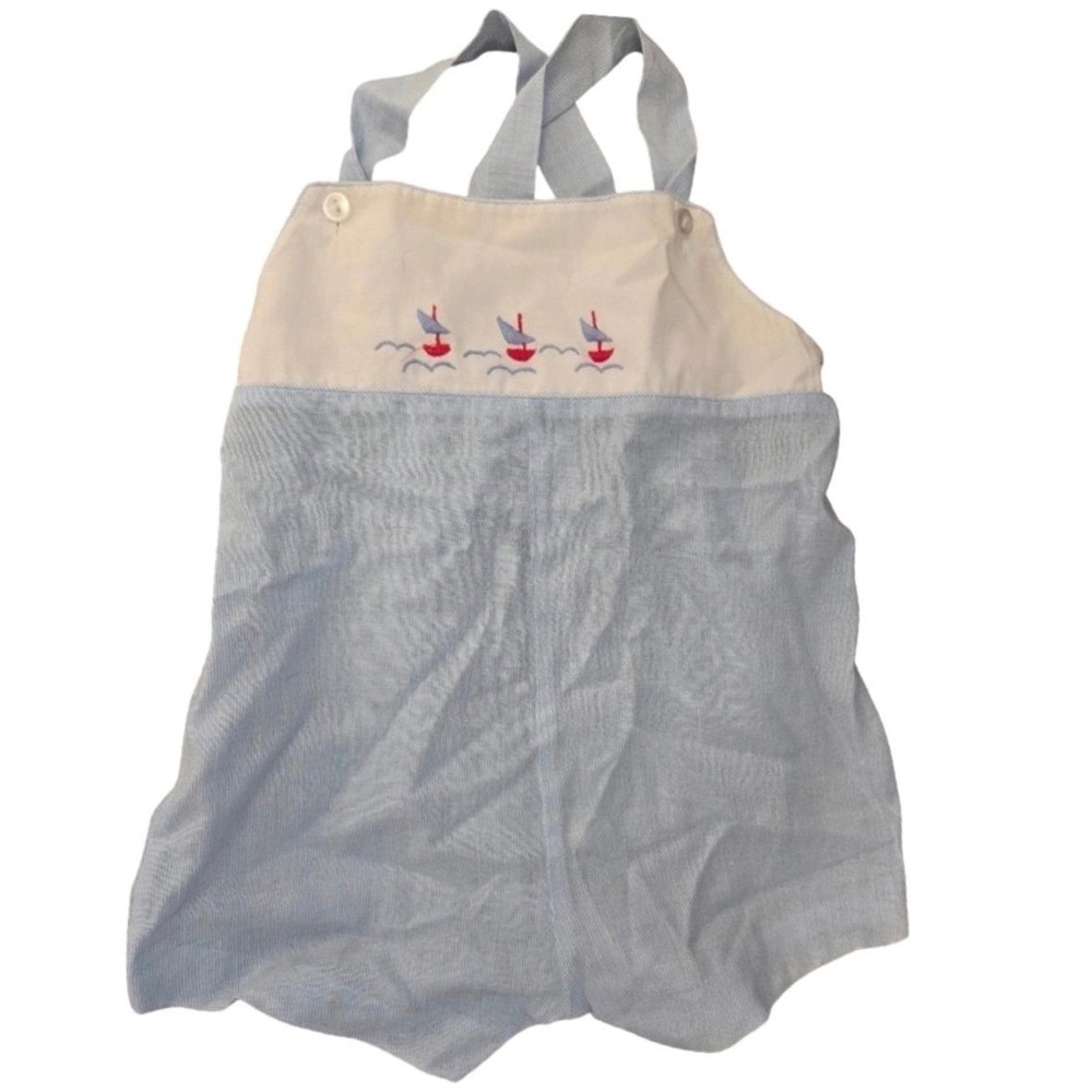 Alison Scott Vintage Seersucker Sailboat Embroidered Romper Blue White 24 Months